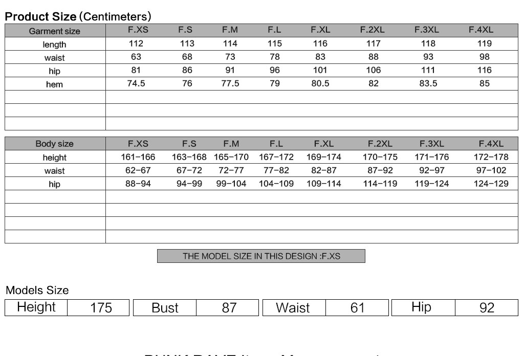 Appalachia Gothic Flared Pants Size Chart