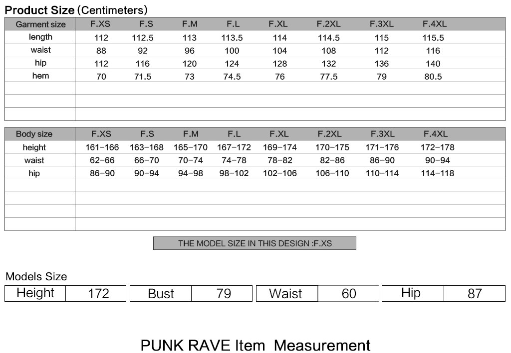 Reverie Women's Gothic Jeans in Black Size Chart