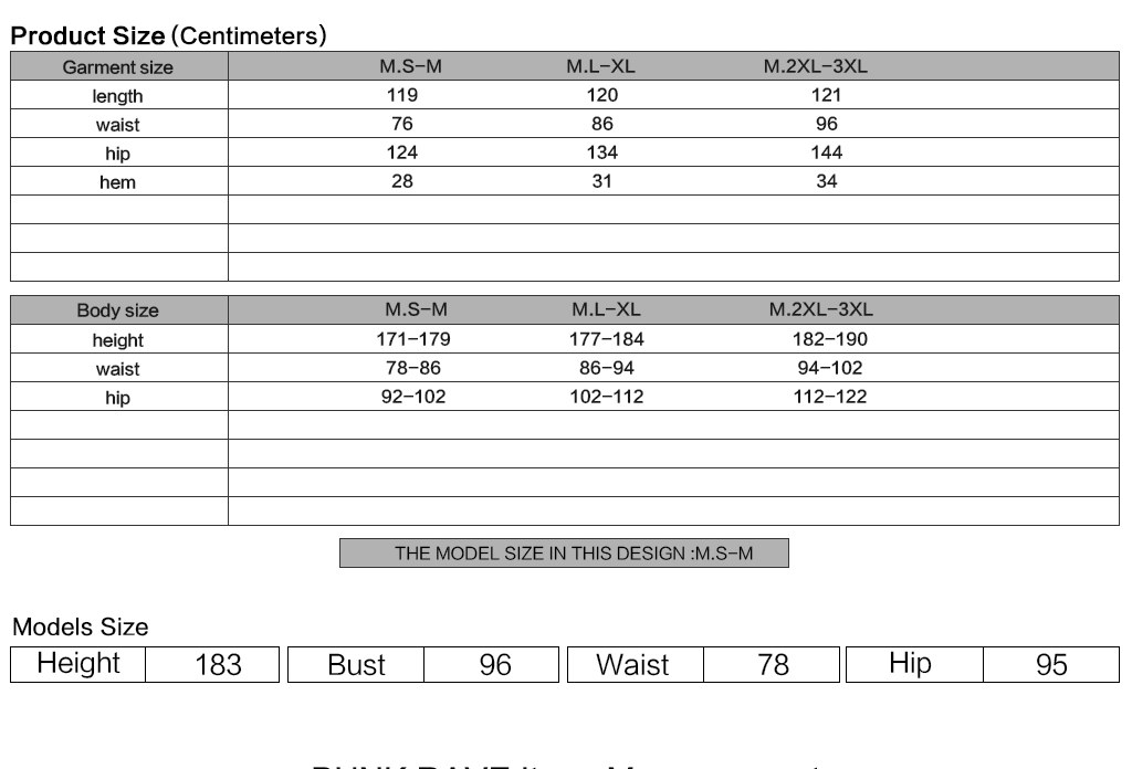 Crepuscule Men's Gothic Trousers in Black Size Chart