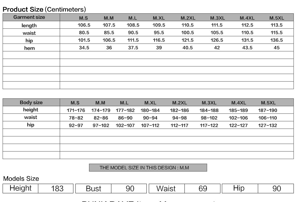 Tamerlane Men's Gothic Dark Pattern Pants in Black Size Chart