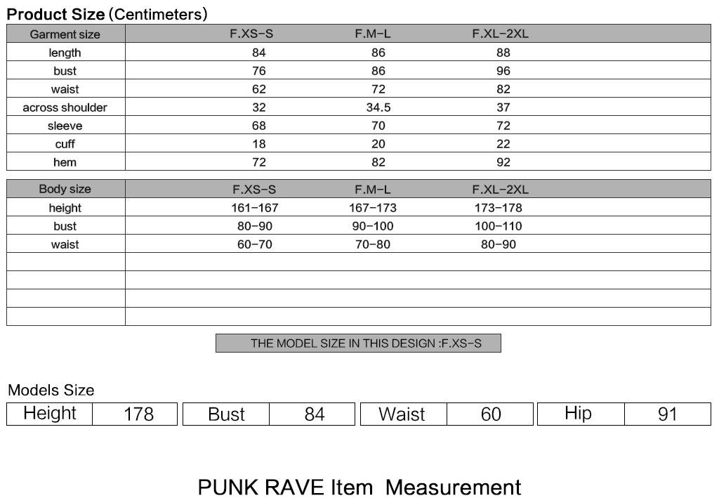 Arcelia Gothic Knit Shirt Size Chart