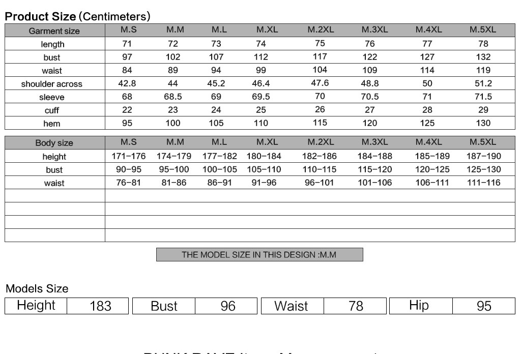 Crepuscule Gothic Faux Leather Inserts Top Men's Size Chart