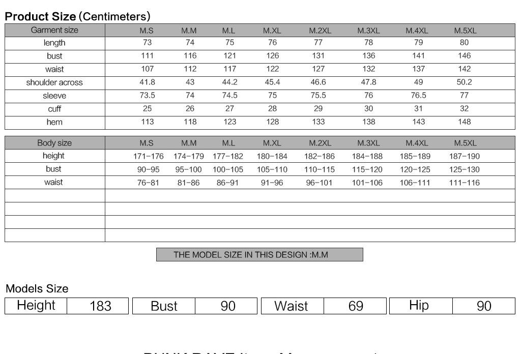 Wolfsbane Men's Gothic Shirt in White Size Chart